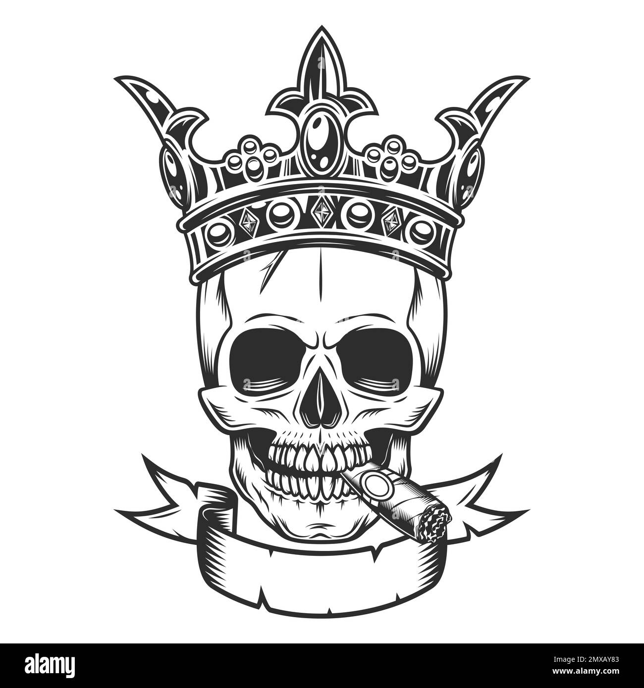 Skull smoking cigar or cigarette smoke in crown king with crossed swords and ribbon illustration. Vintage crowning, elegant queen or king crowns Stock Photo
