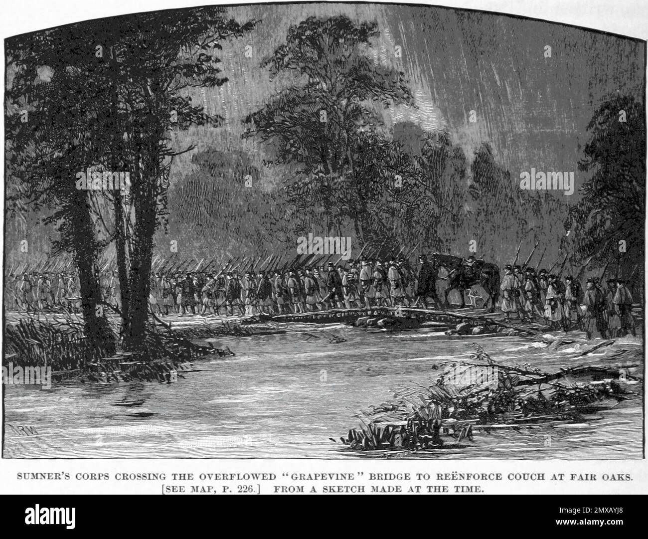 The Battle of Seven Pines (also known as the Battle of Fair Oaks or Fair Oaks Station) took place on May 31 and June 1, 1862, in Henrico County, Virginia as part of the Peninsula Campaign of the American Civil War. It was the culmination of an offensive up the Virginia Peninsula led by Union Major General George McClellan, in which the Army of the Potomac reached the outskirts of Richmond. This image depicts General Sumner's Union II Corps crossing the bridge over the swollen Chickahominy River during the Battle of Seven Pines. Stock Photo