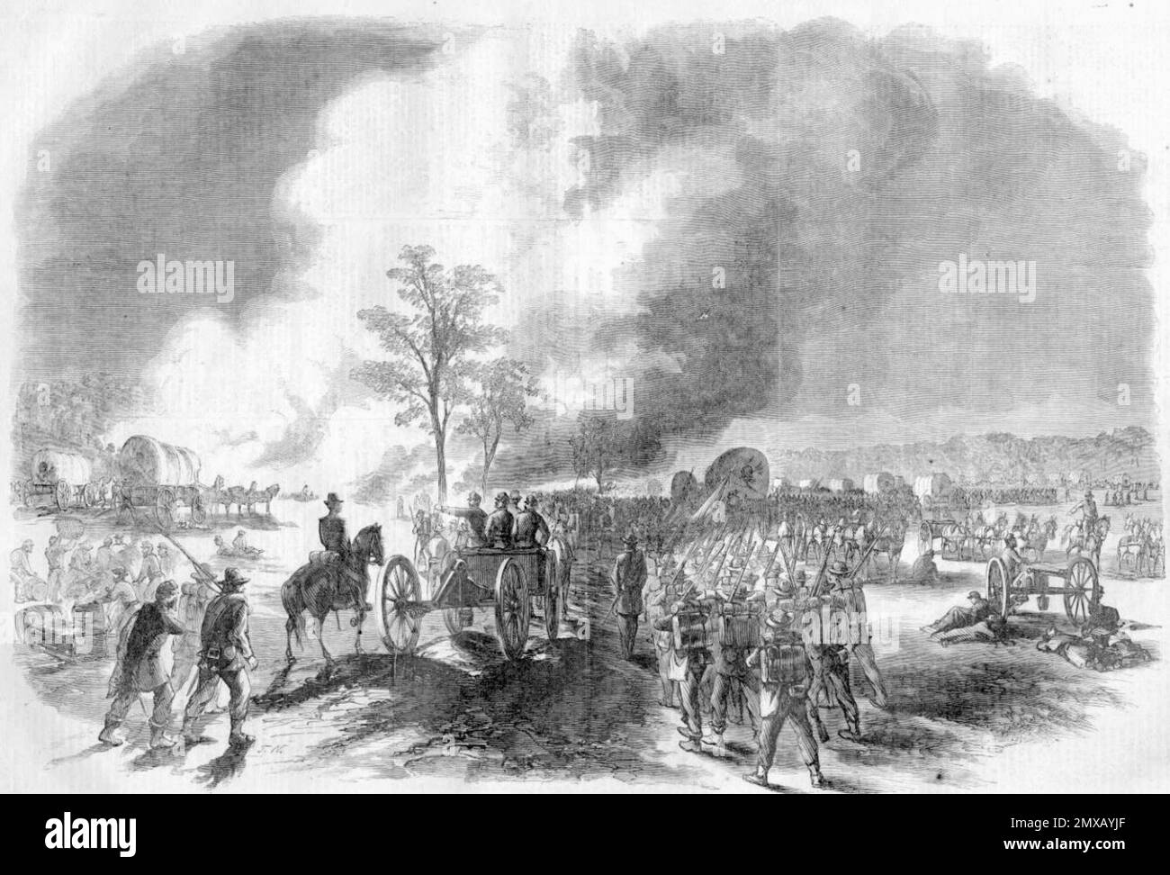 The Battle of Seven Pines (also known as the Battle of Fair Oaks or Fair Oaks Station) took place on May 31 and June 1, 1862, in Henrico County, Virginia as part of the Peninsula Campaign of the American Civil War. It was the culmination of an offensive up the Virginia Peninsula led by Union Major General George McClellan, in which the Army of the Potomac reached the outskirts of Richmond. This image depicts the retreat of General William Franklin's corps at the Battle of Fair Oaks, 29 June 1862. Stock Photo