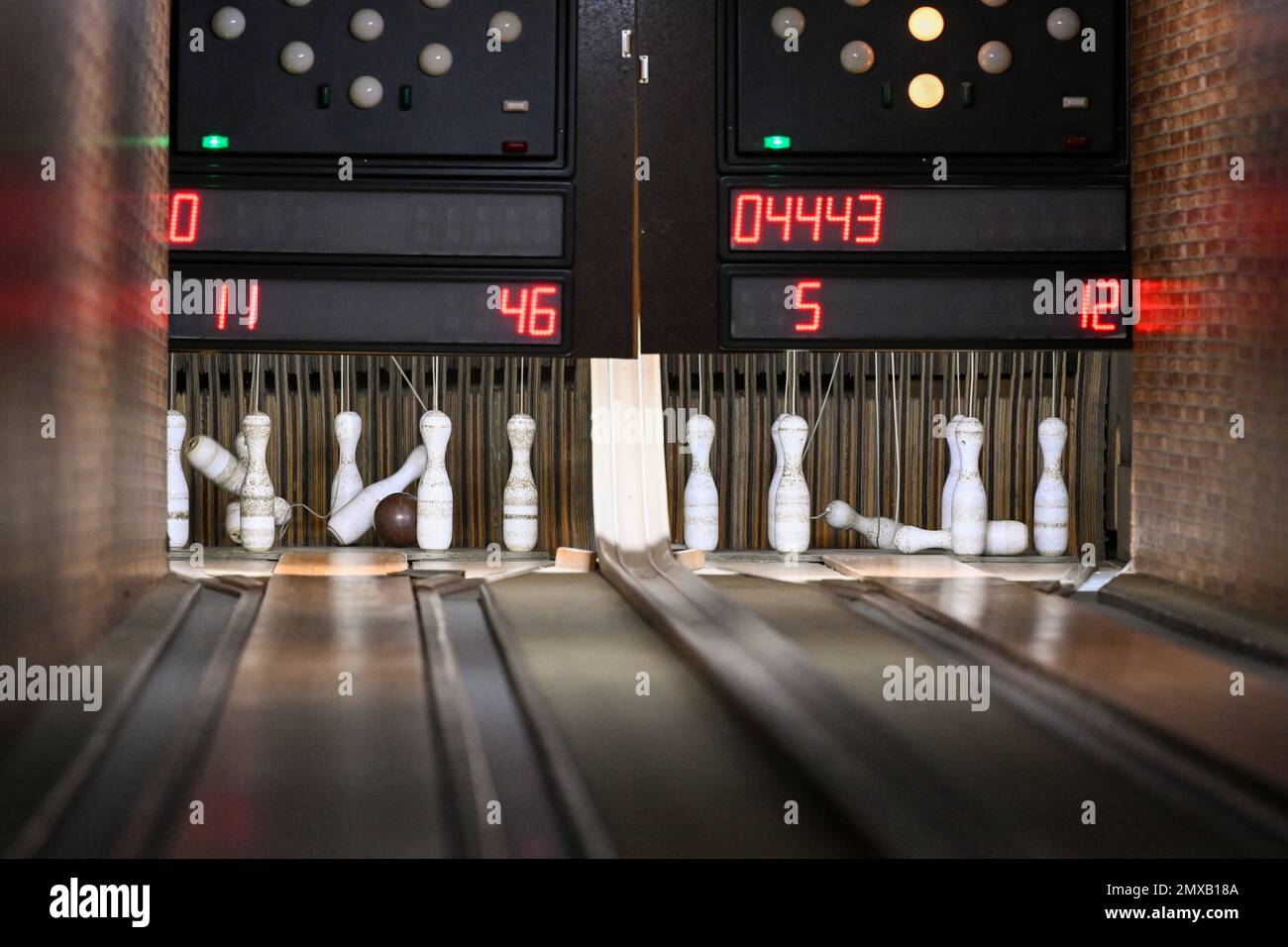 Berlin, Germany. 01st Feb, 2023. Skittles at the bowling alley "Zum Kegel"  in Berlin-Tegel. Bowling is becoming less and less attractive in this  country. The number of bowling alleys in Germany is