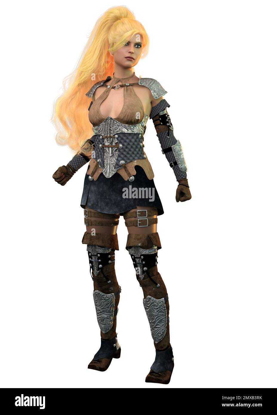 Brave fantasy warrior woman with long yellow hair in ponytail, 3D ...