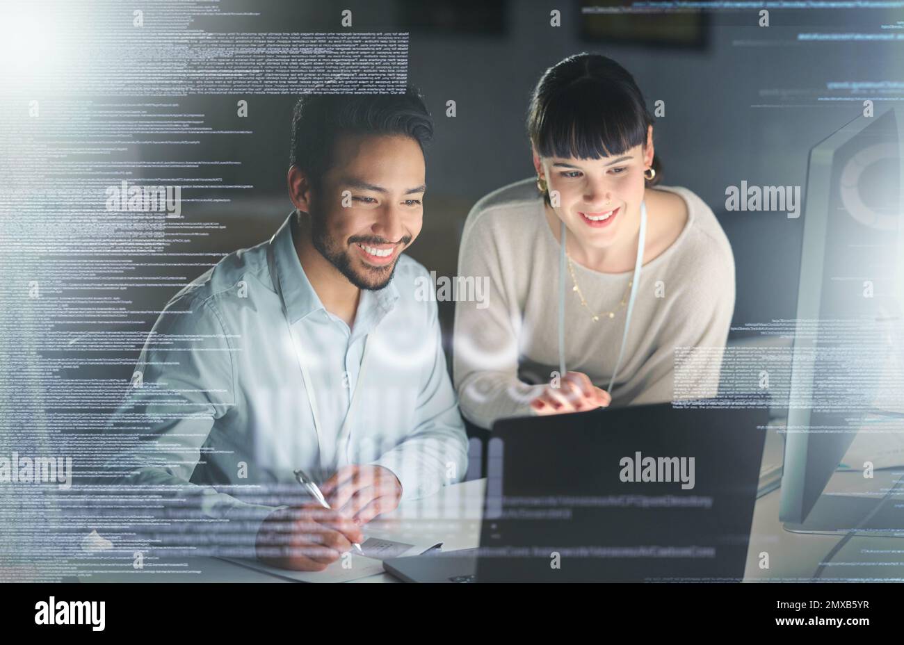 Business people, code with partnership and information technology with laptop for coding, collaboration and overlay. Software development, team and Stock Photo