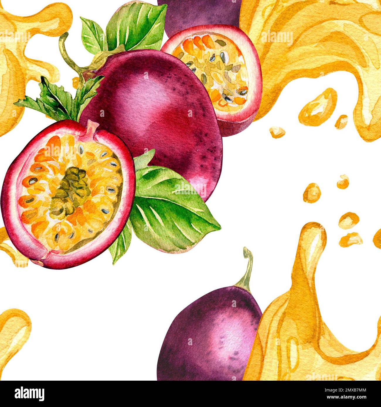 Purple passion fruit and splash juice watercolor seamless pattern ...