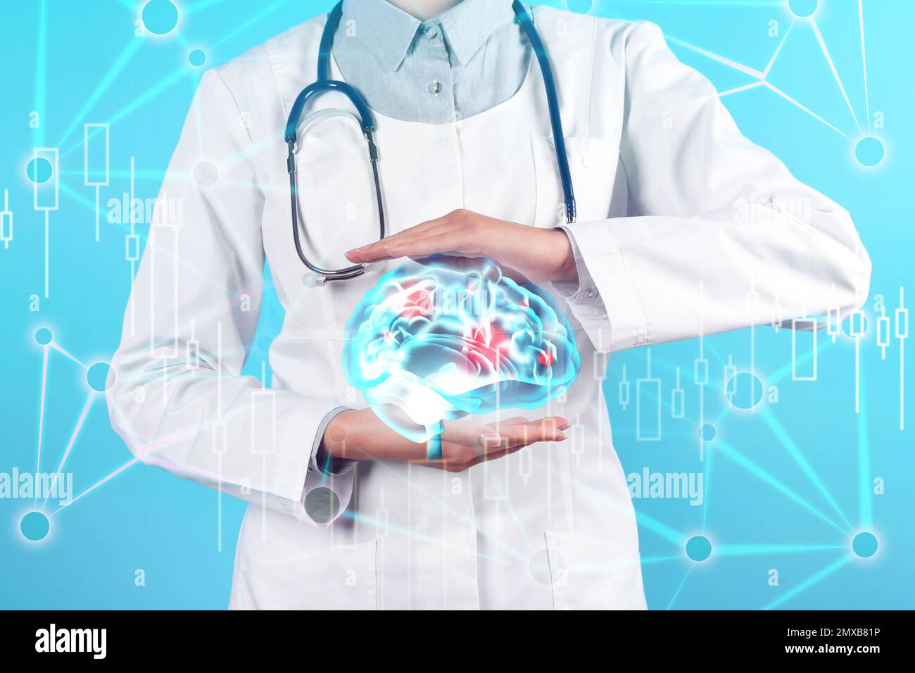 Doctor demonstrating digital image of human brain on blue background, closeup. Machine learning concept Stock Photo