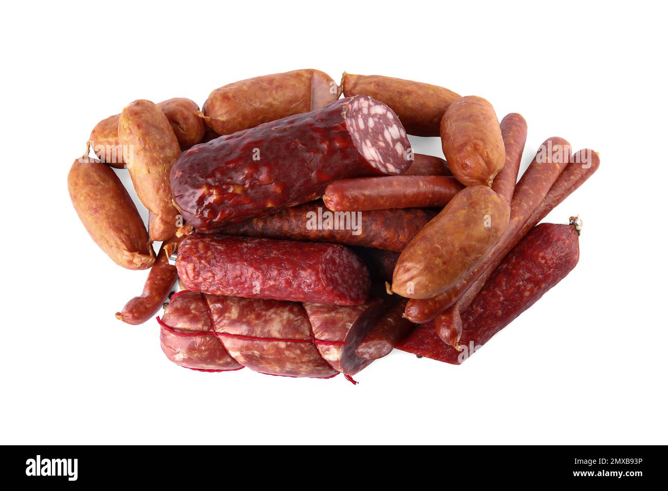 Different types of sausages on white background, top view Stock Photo