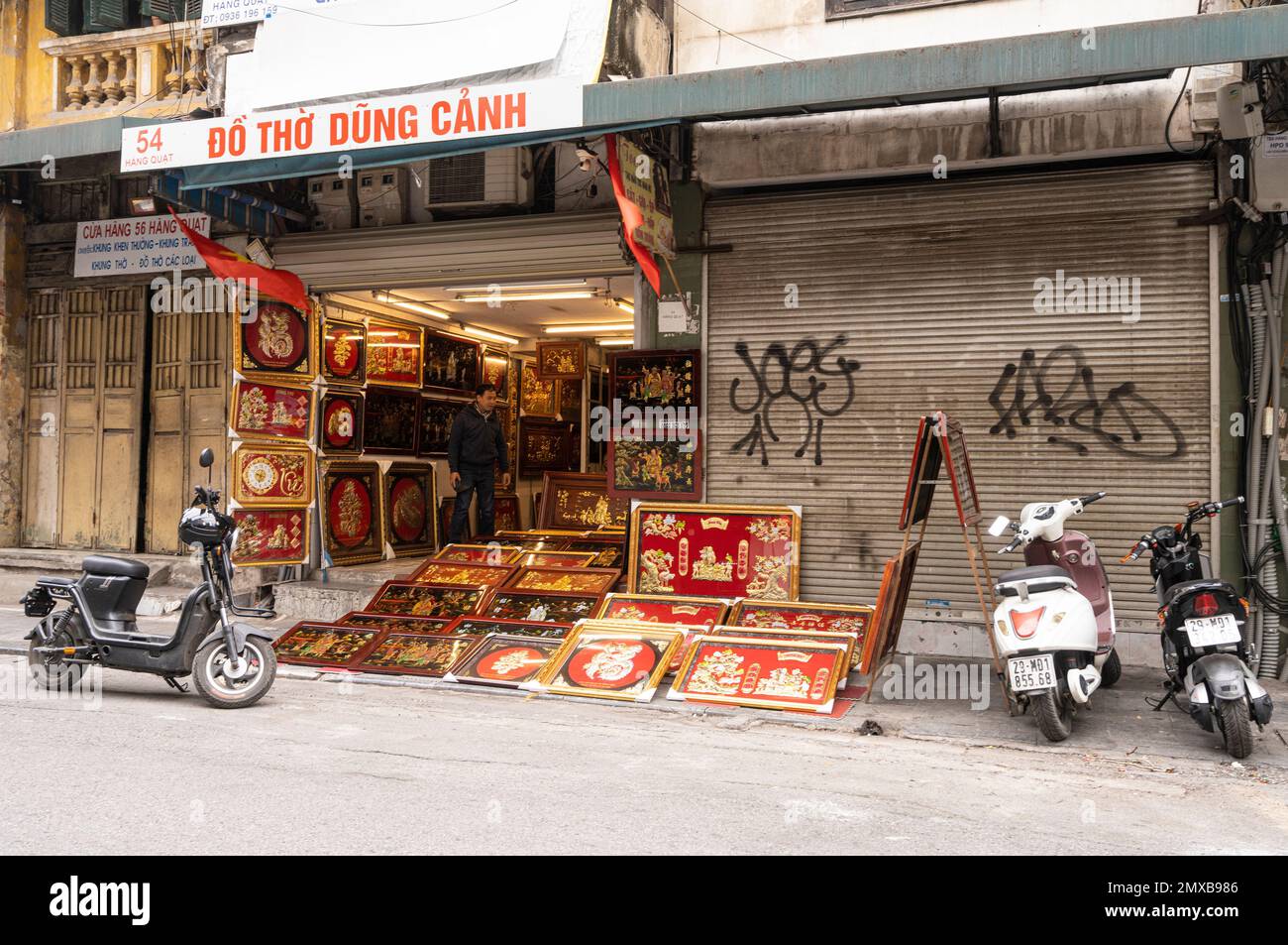 Hanoi, Vietnam, January 2023.  shop for the sale of paintings and sacred images in the city center Stock Photo