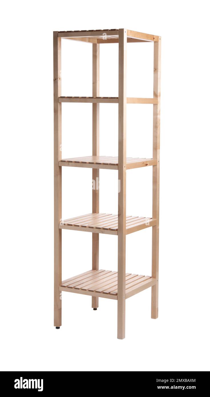 Empty wooden shelving unit isolated on white Stock Photo Alamy