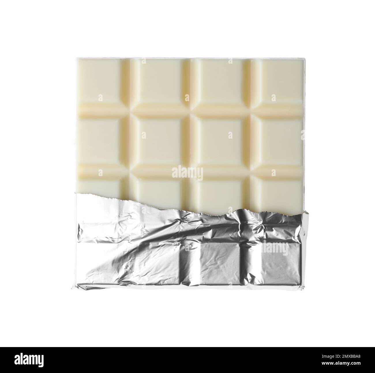 Delicious chocolate bar wrapped in foil isolated on white Stock Photo