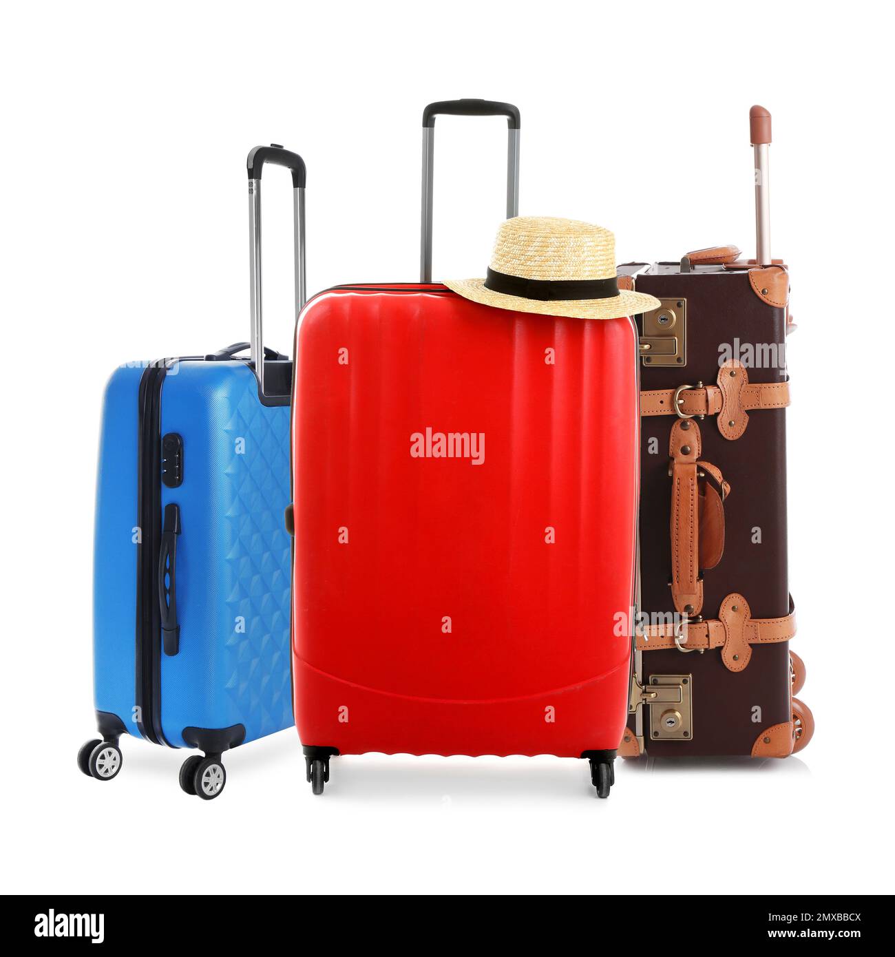 Set of different stylish suitcases for travelling on white background