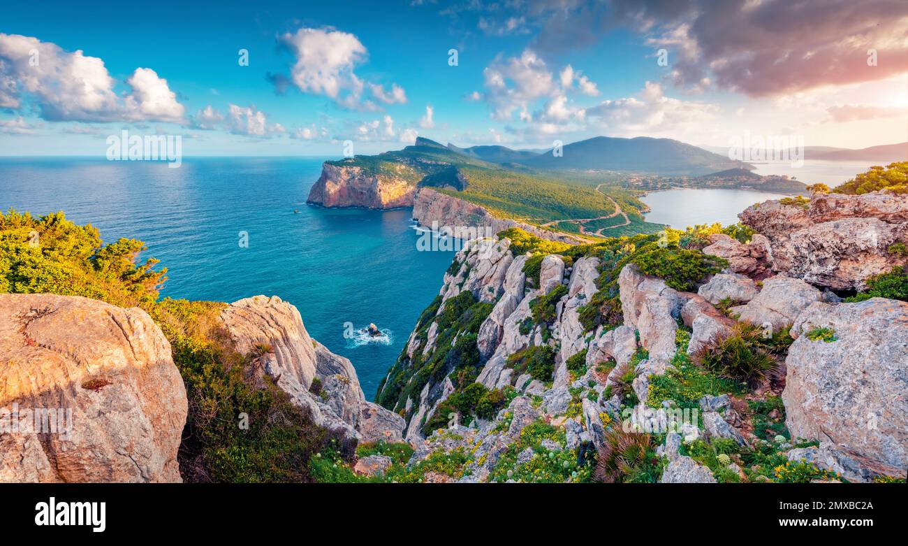 Aerial landscape photography. Astonishing summer view of Caccia cape.  Spectacular morning scene of Sardinia island, Italy, Europe. Wonderful  seascape Stock Photo - Alamy, image size:1300x781