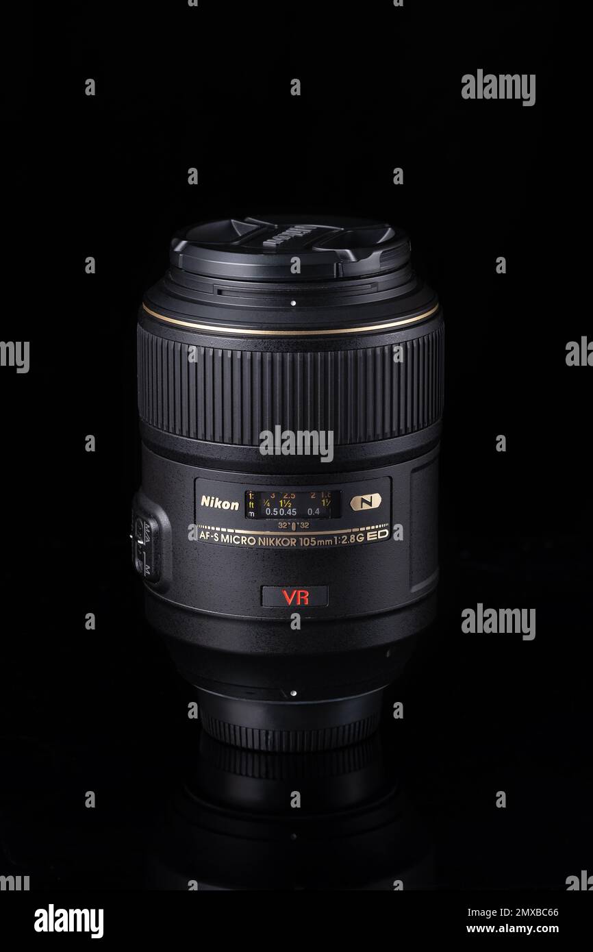 Stavropol, Russia - February 1, 2023. Close-up of Nikon 105 mm AF-S lens Stock Photo