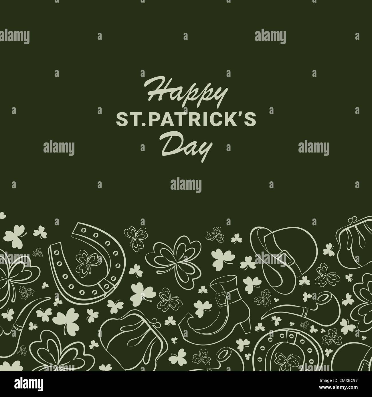 green postcard with many traditional St. Patricks Day elements arranged at the bottom Stock Vector