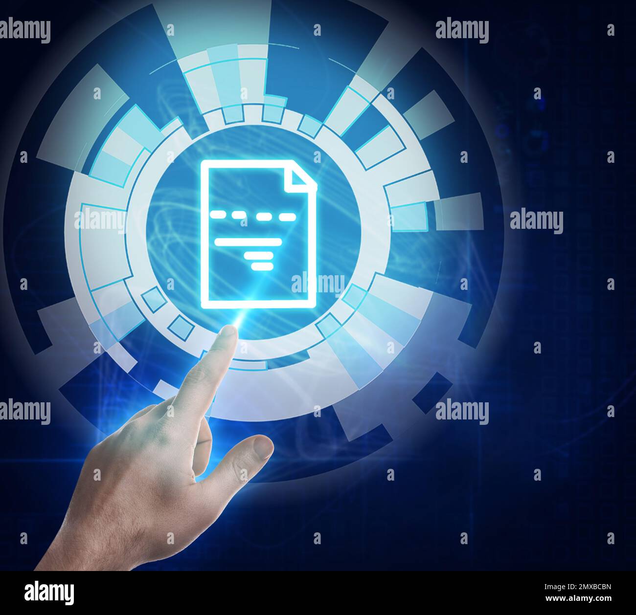 Man clicking on document icon using virtual screen, closeup Stock Photo