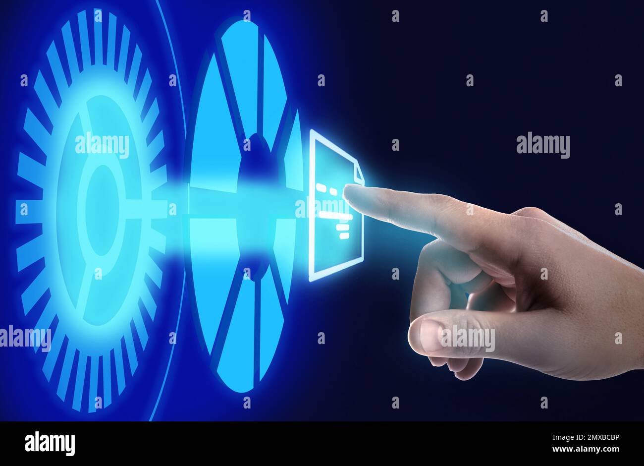 Man clicking on document icon using virtual screen, closeup Stock Photo