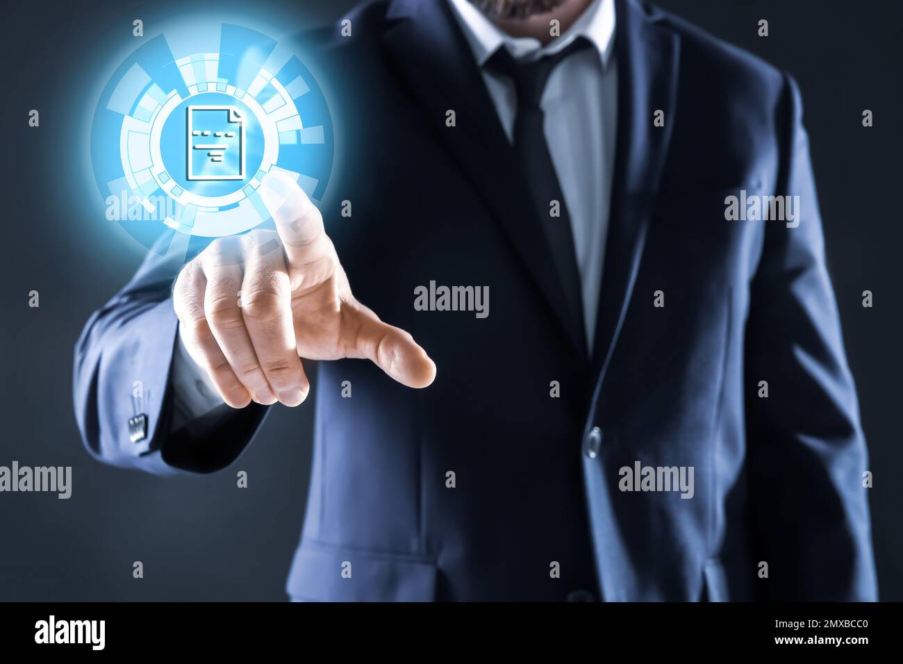 Businessman clicking on document icon using virtual screen, closeup Stock Photo