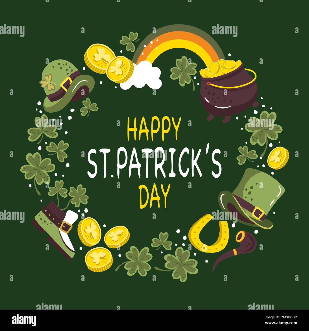 St. Patricks Day square banner traditional holiday items arranged in a circle Stock Vector