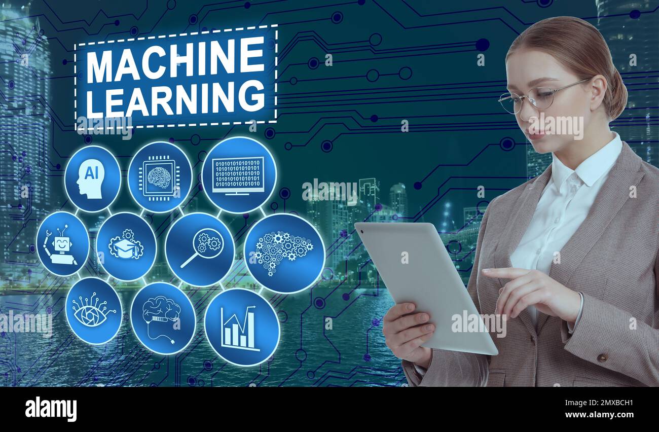 Young businesswoman using tablet with machine learning model and night cityscape on background Stock Photo