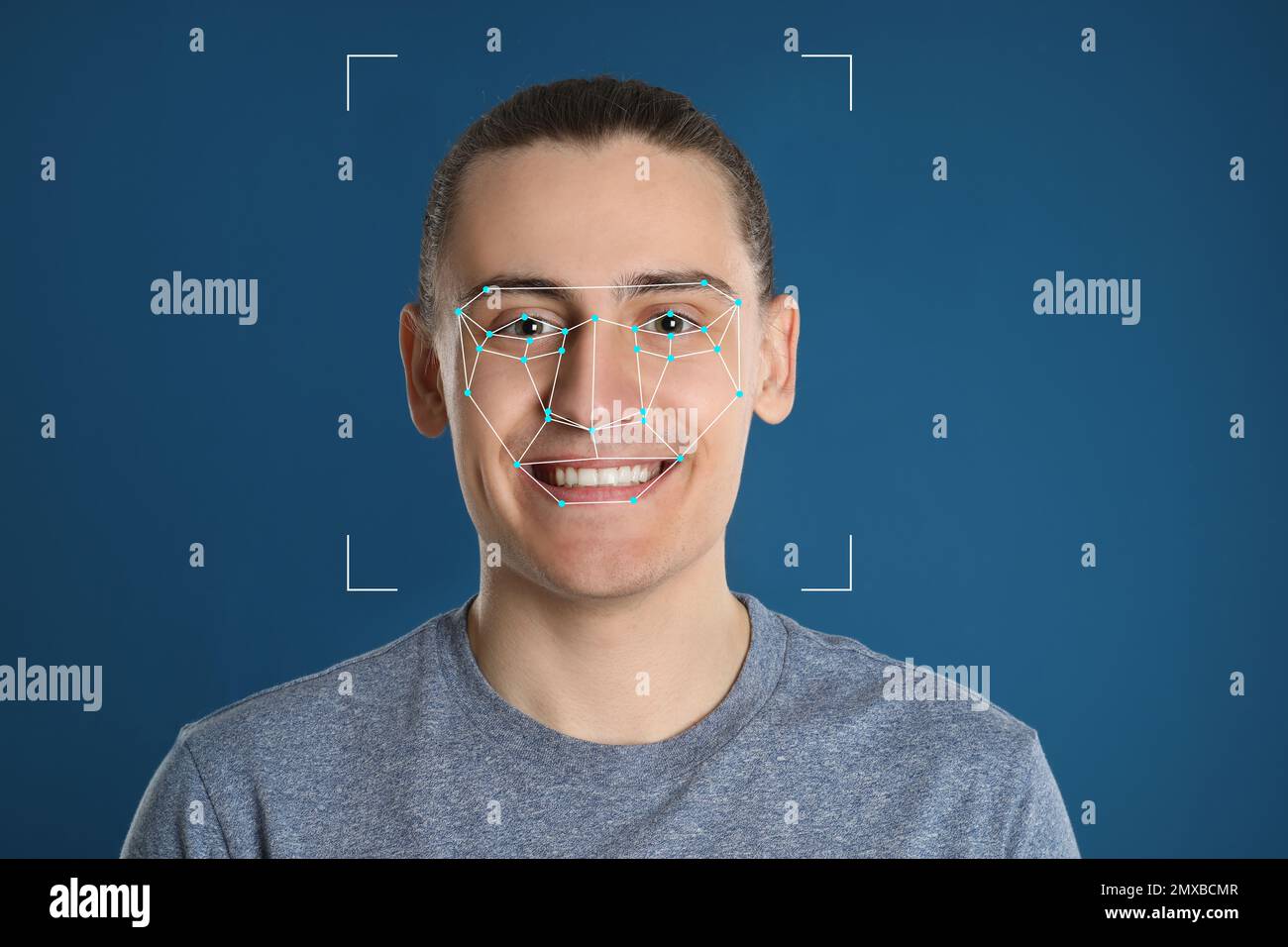 Facial recognition system. Man with scanner frame and digital biometric ...