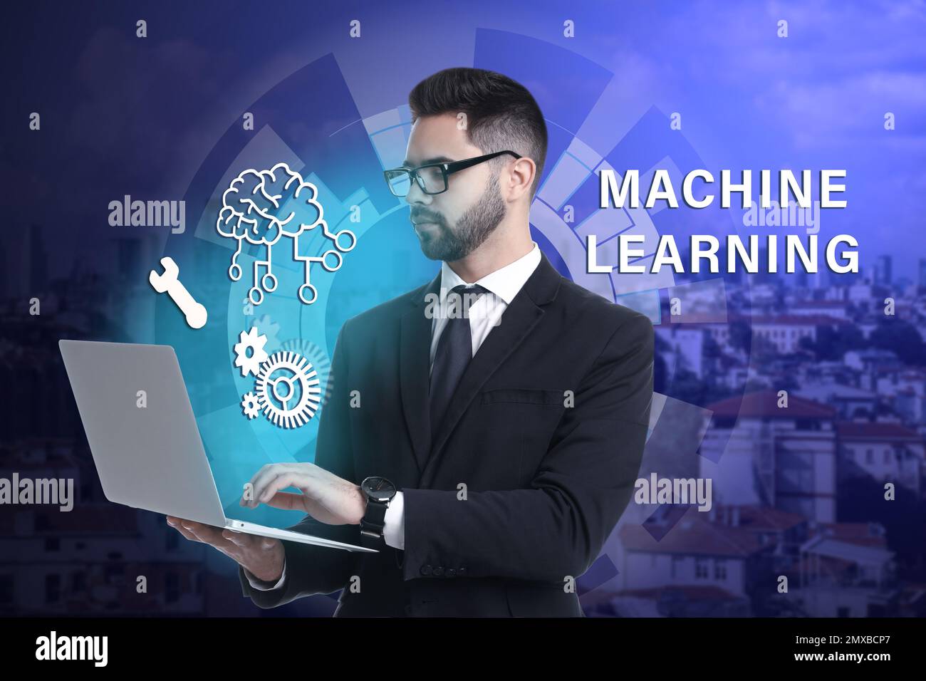 Young man using laptop with machine learning model and cityscape on background Stock Photo