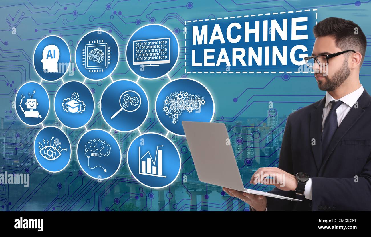 Young businessman using laptop with machine learning model and cityscape on background Stock Photo