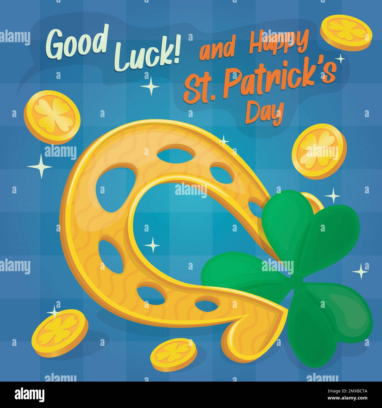 saint patricks day banner with gold horseshoe, gold coins and shamrocks leaf Stock Vector