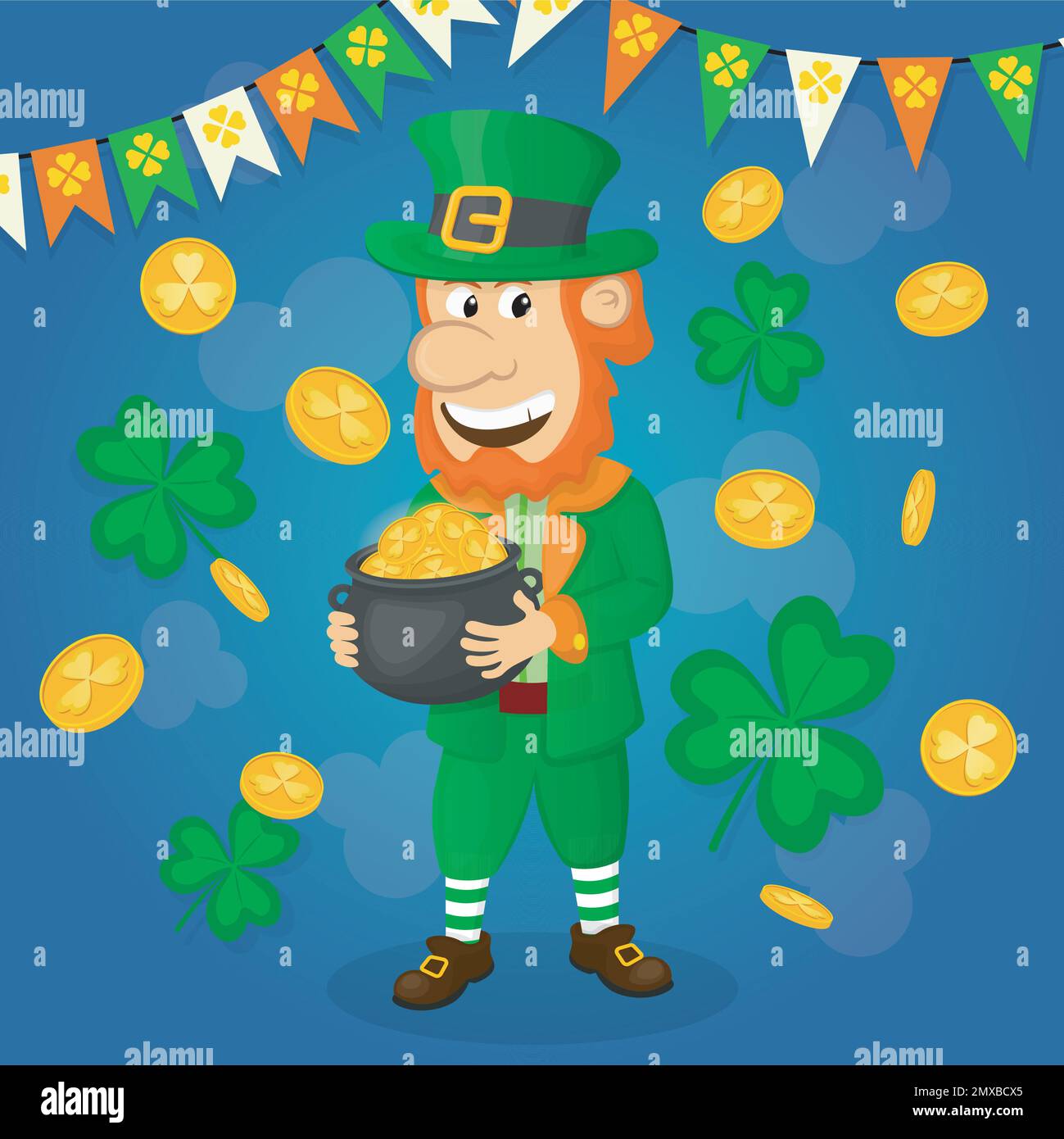 saint patricks day banner with gold coins, flags garland, shamrocks leaves and patricks character Stock Vector