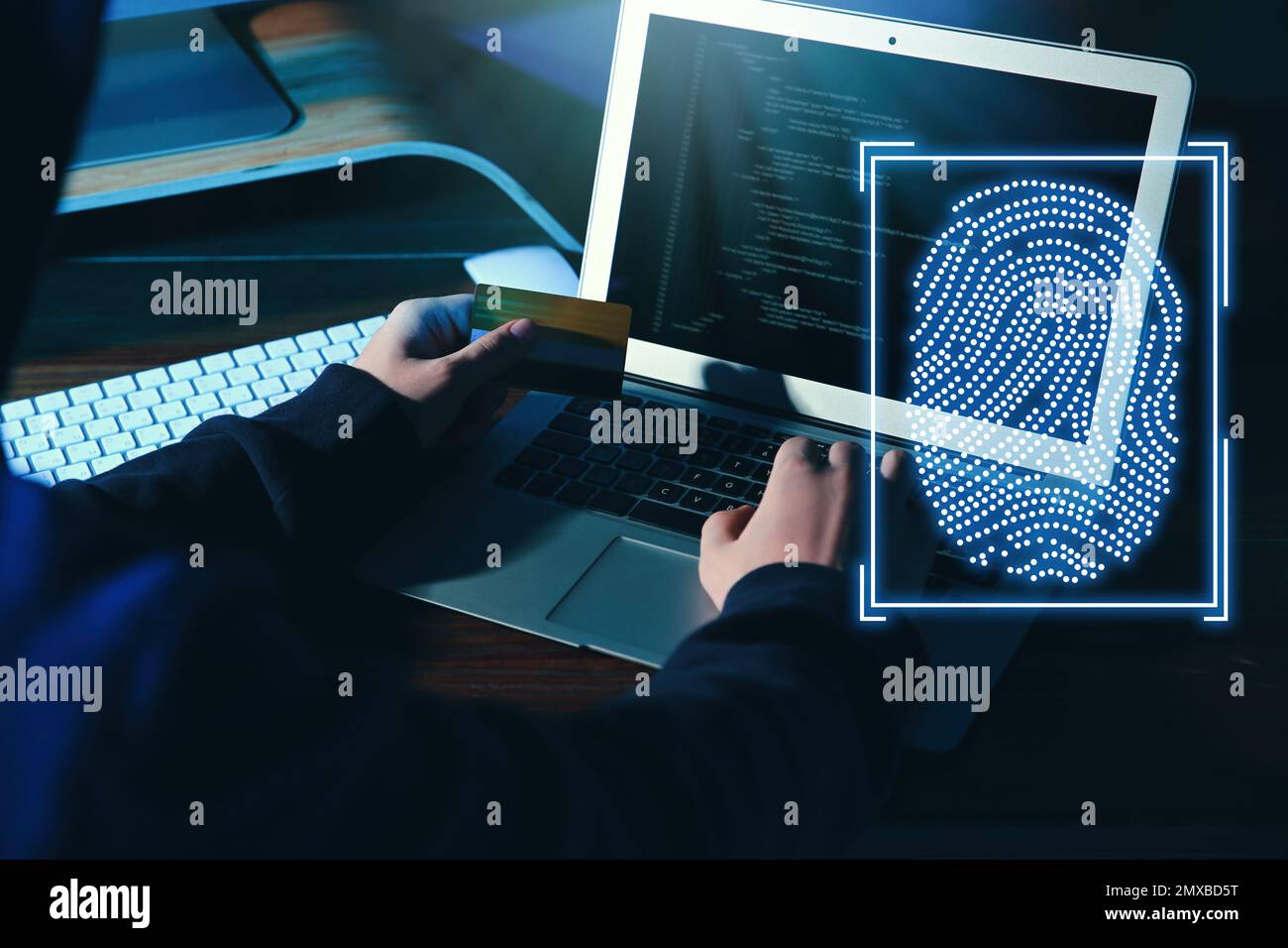 Fingerprint identification. Man working with laptop at table, closeup Stock Photo