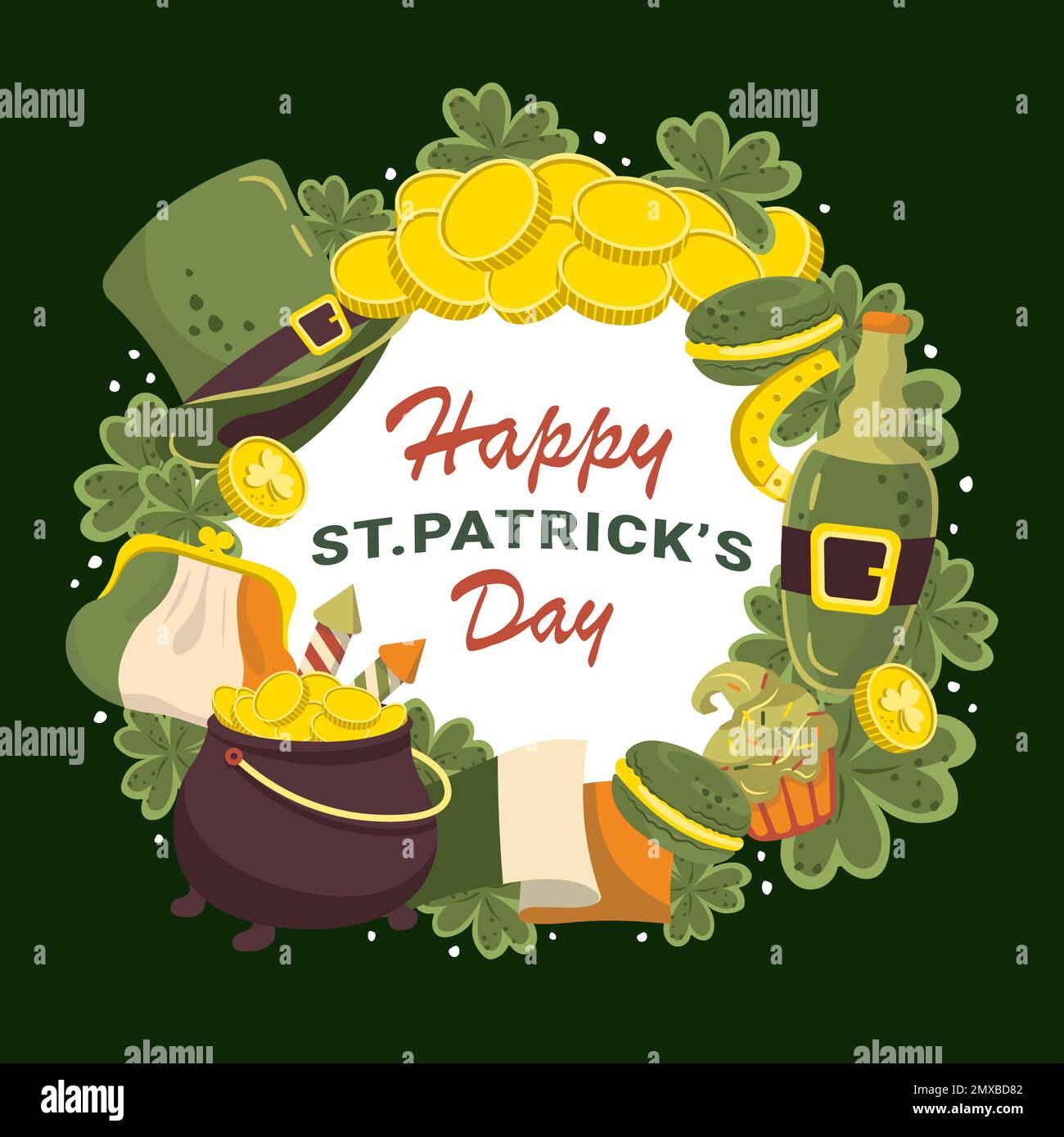 St. Patricks Day green square banner with traditional holiday items arranged in a circle Stock Vector