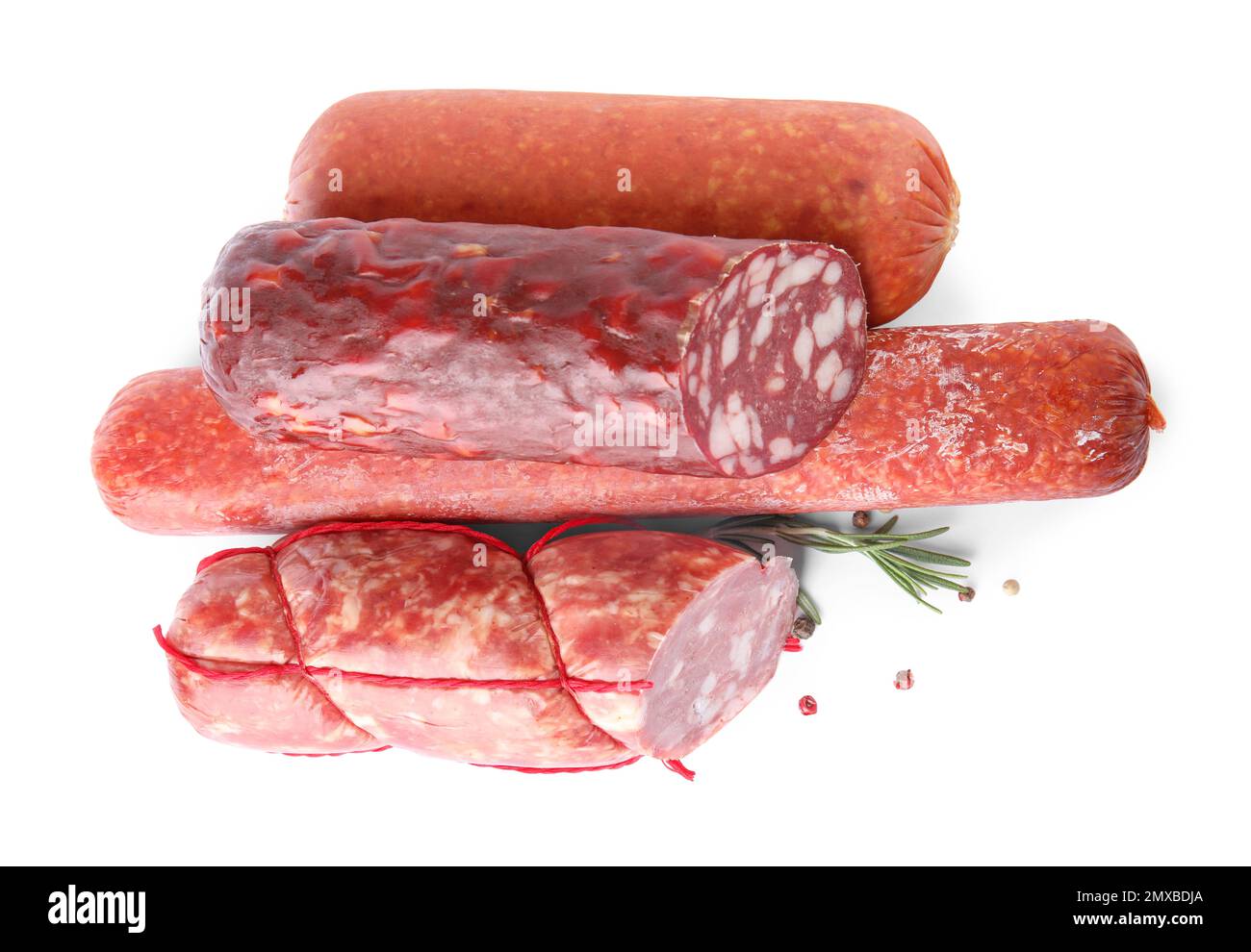 Different types of sausages on white background, top view Stock Photo