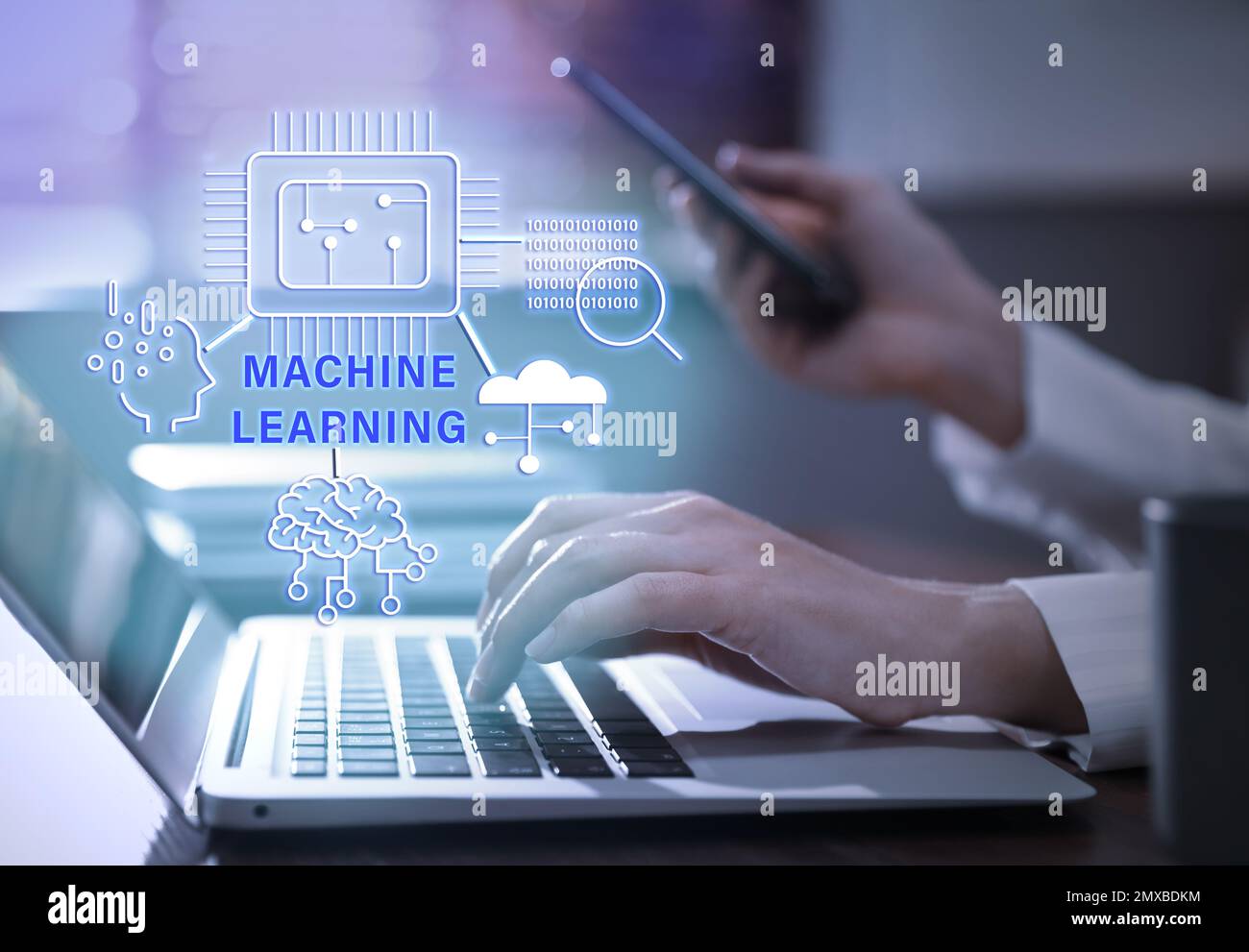Double exposure of woman using laptop and machine learning model, closeup Stock Photo