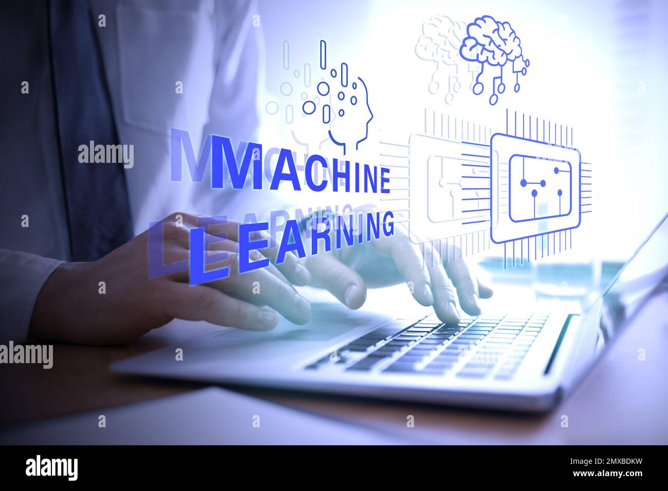 Double exposure of man using laptop and machine learning model, closeup Stock Photo