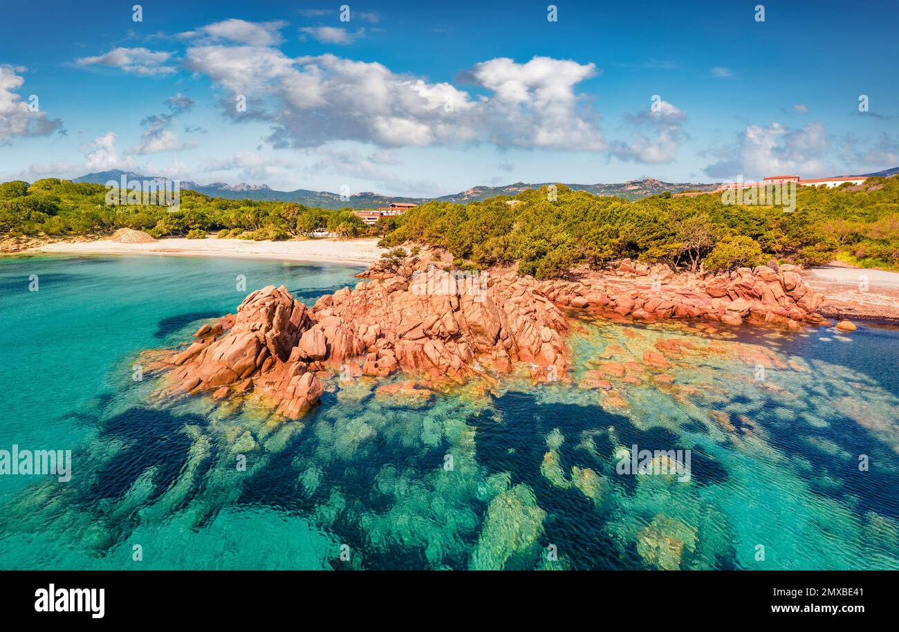 Aerial landscape photography. Sunny spring view from flying drone of