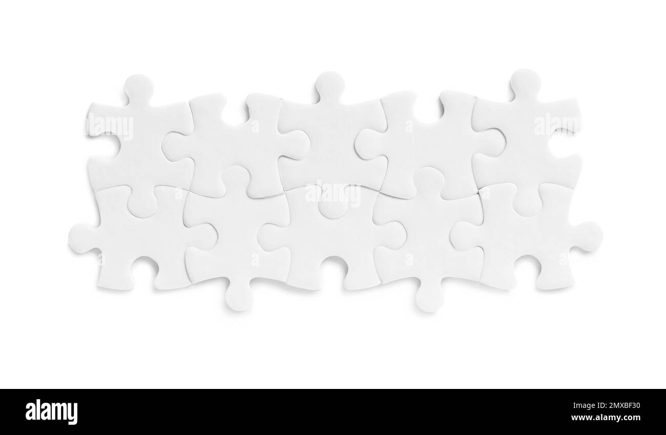 Blank puzzle pieces isolated on white, top view Stock Photo Alamy