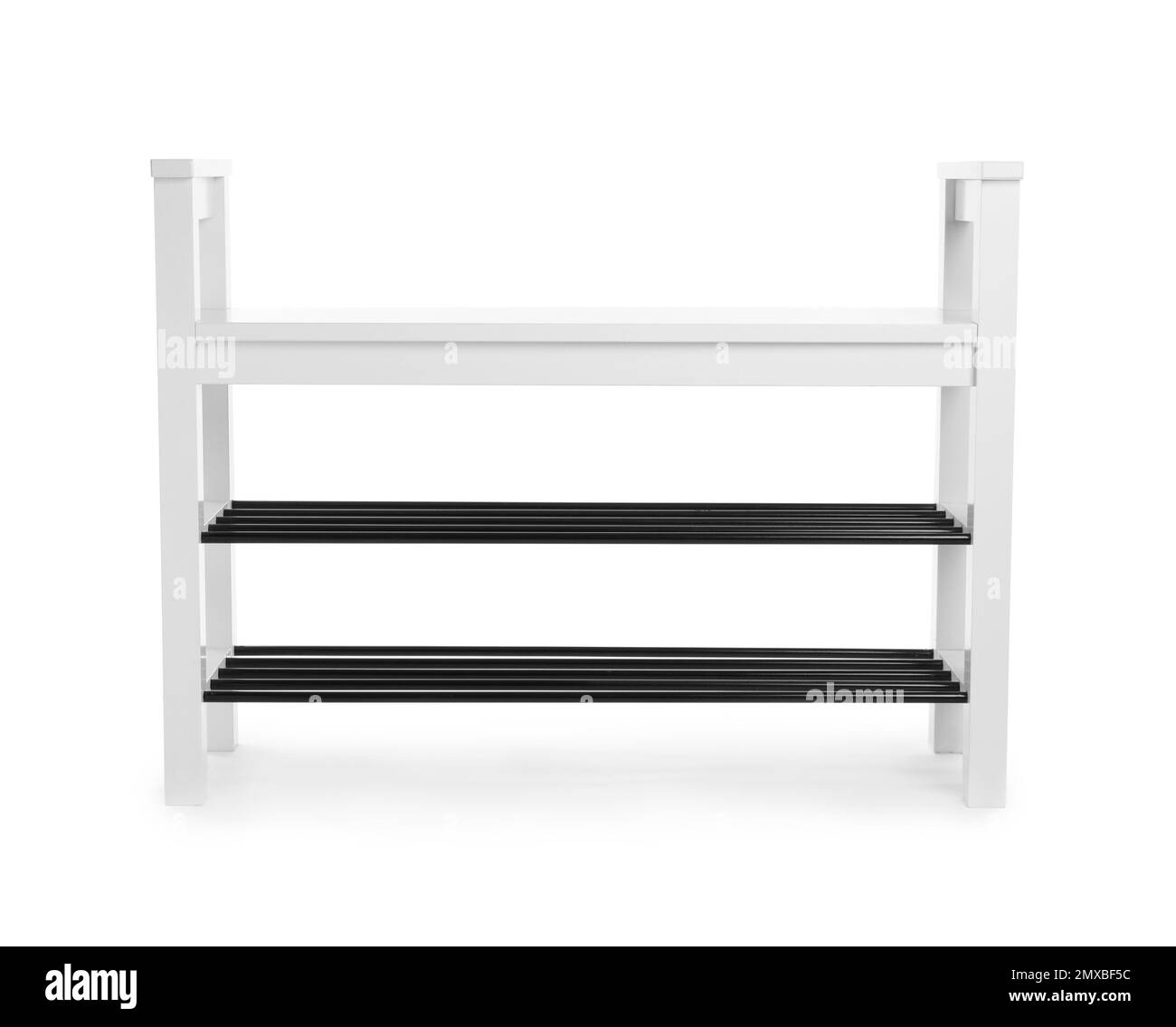 Empty wooden shoe shelf isolated on white Stock Photo - Alamy