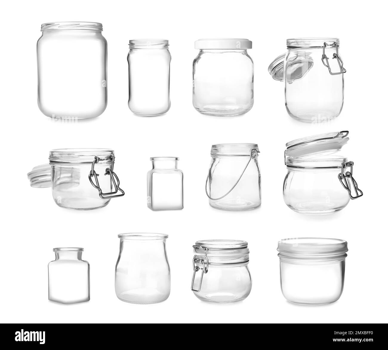 Set with different empty glass jars on white background Stock Photo Alamy