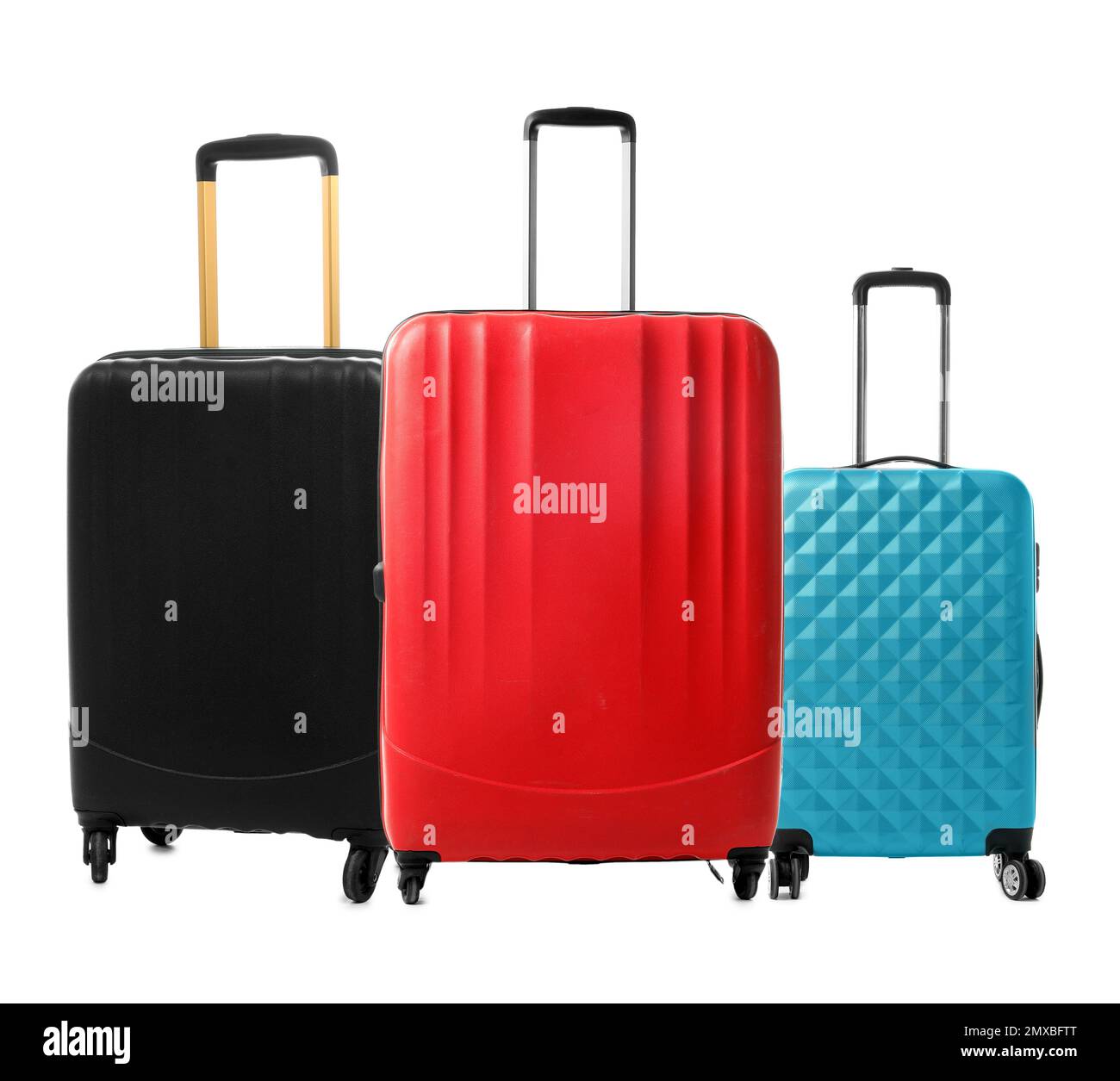 Set of different stylish suitcases for travelling on white background