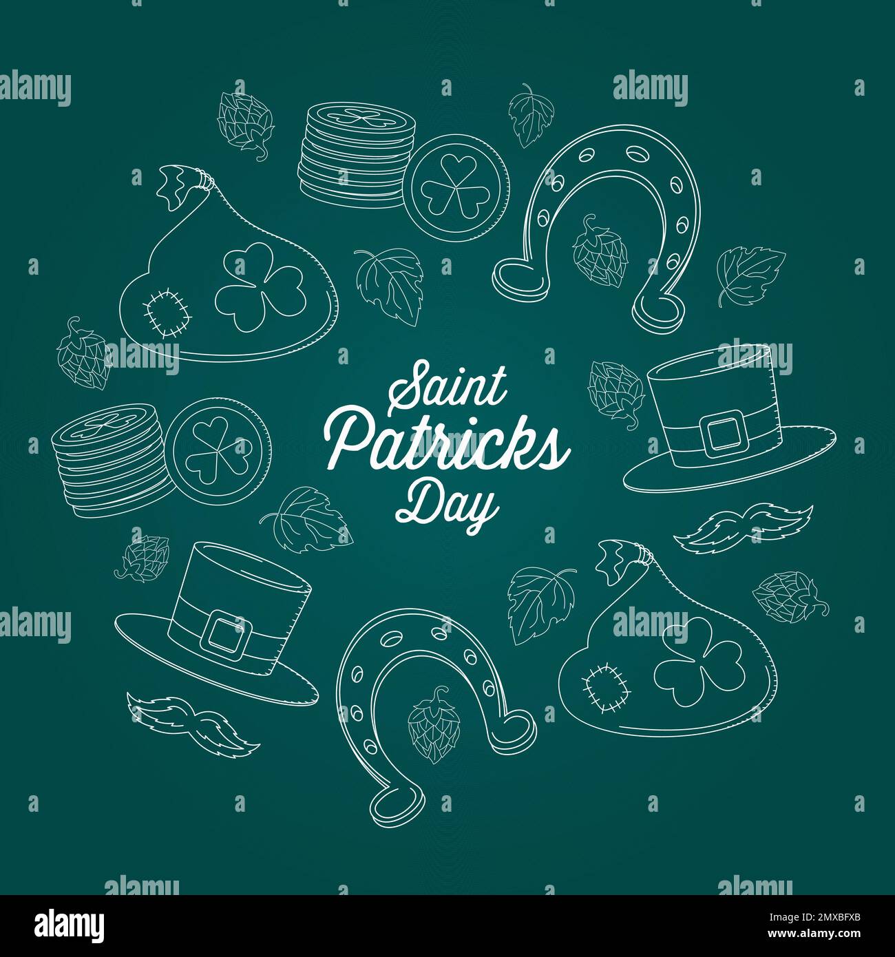 saint patricks day background with elements of bag with gold, gold coins, horseshoe and hat with mustaches Stock Vector