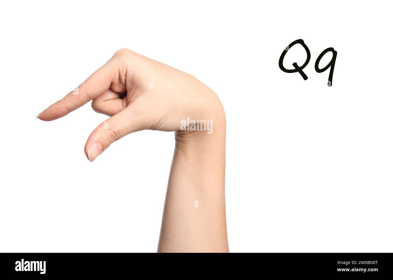 Woman showing letter Q on white background, closeup. Sign language ...