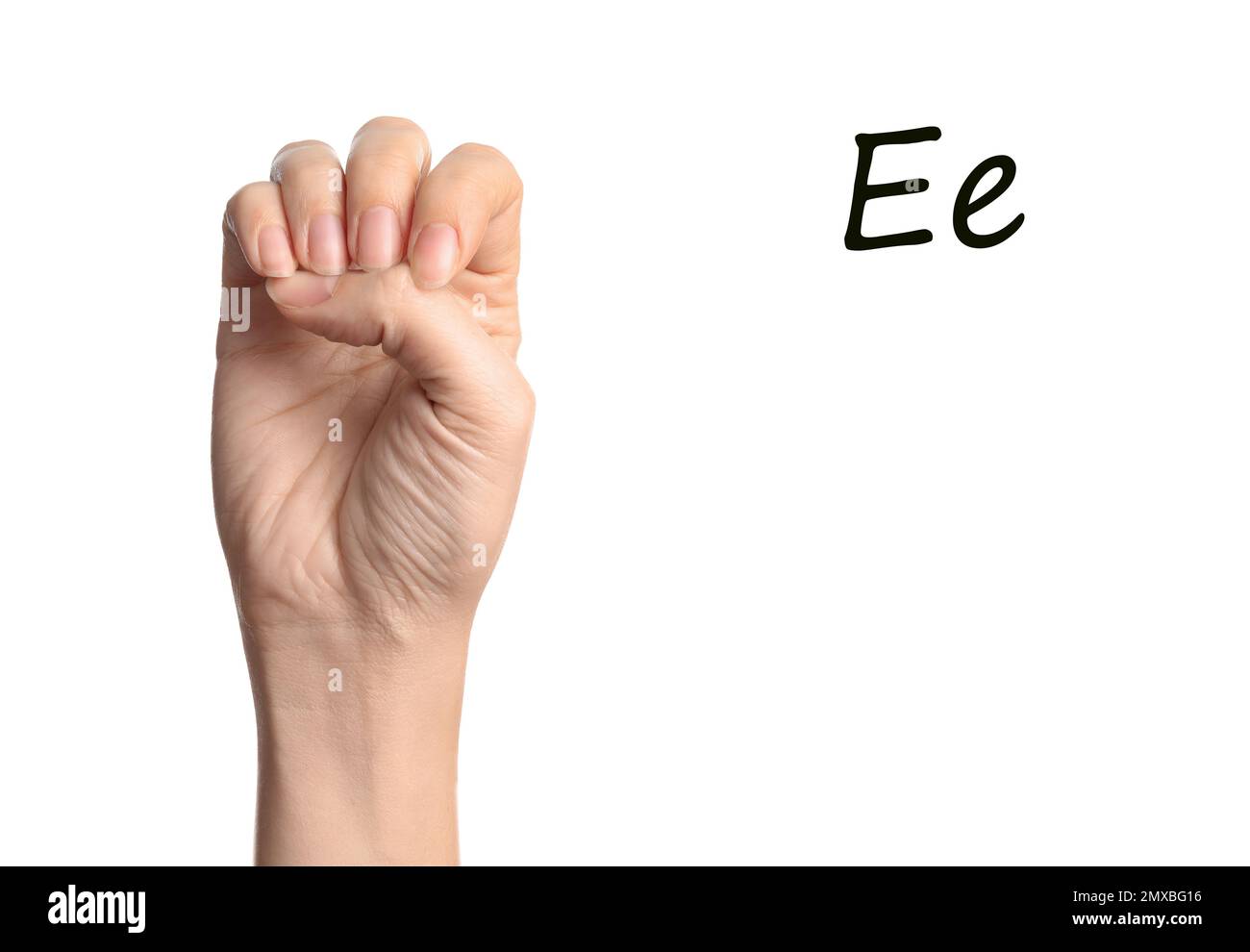 Woman showing letter E on white background, closeup. Sign language Stock Photo