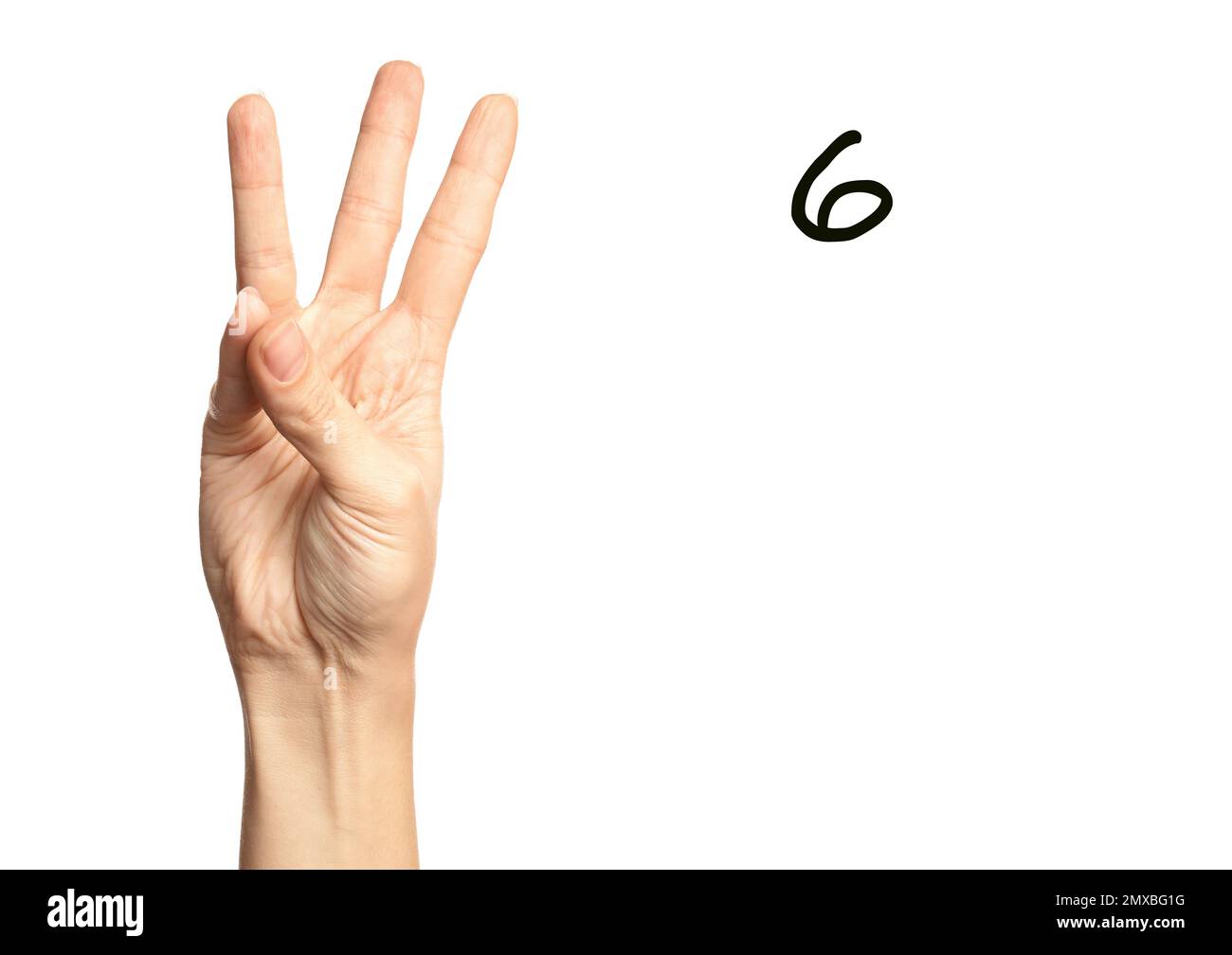 Woman showing number six on white background, closeup. Sign language Stock Photo