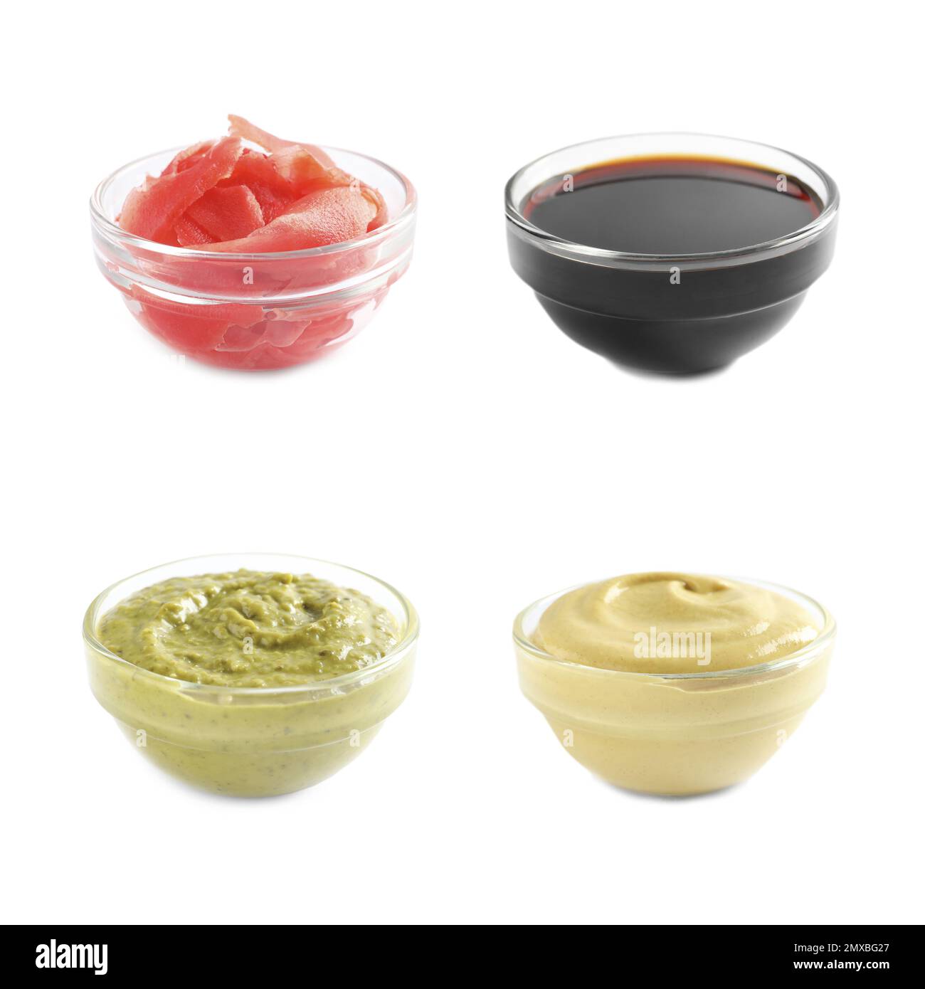Set of different delicious sauces and condiments on white background