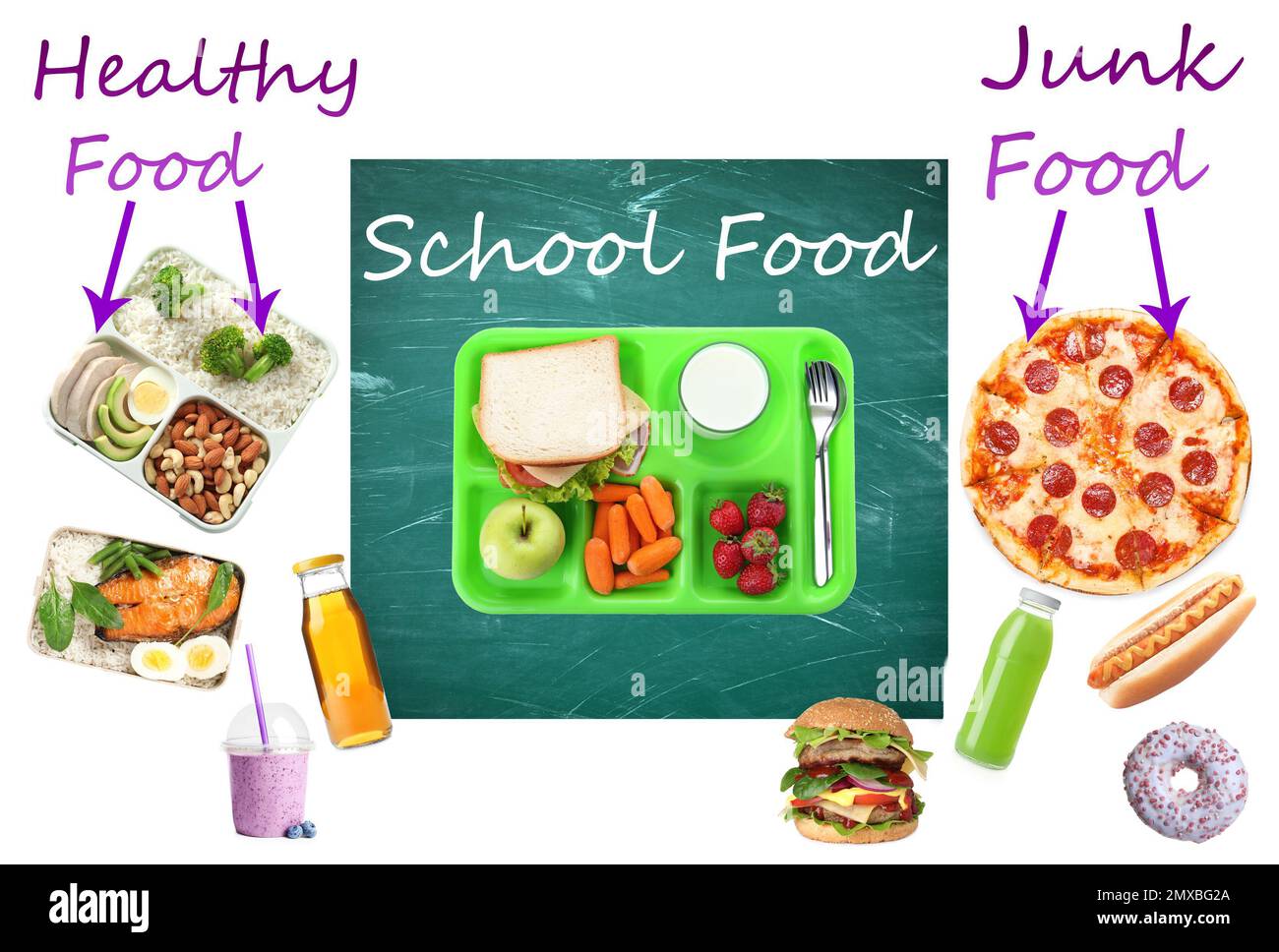 School food, healthy or junk. Different products as variants for lunch Stock Photo