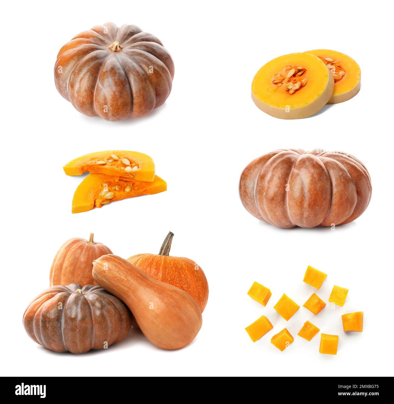 Set with fresh raw pumpkins on white background Stock Photo - Alamy