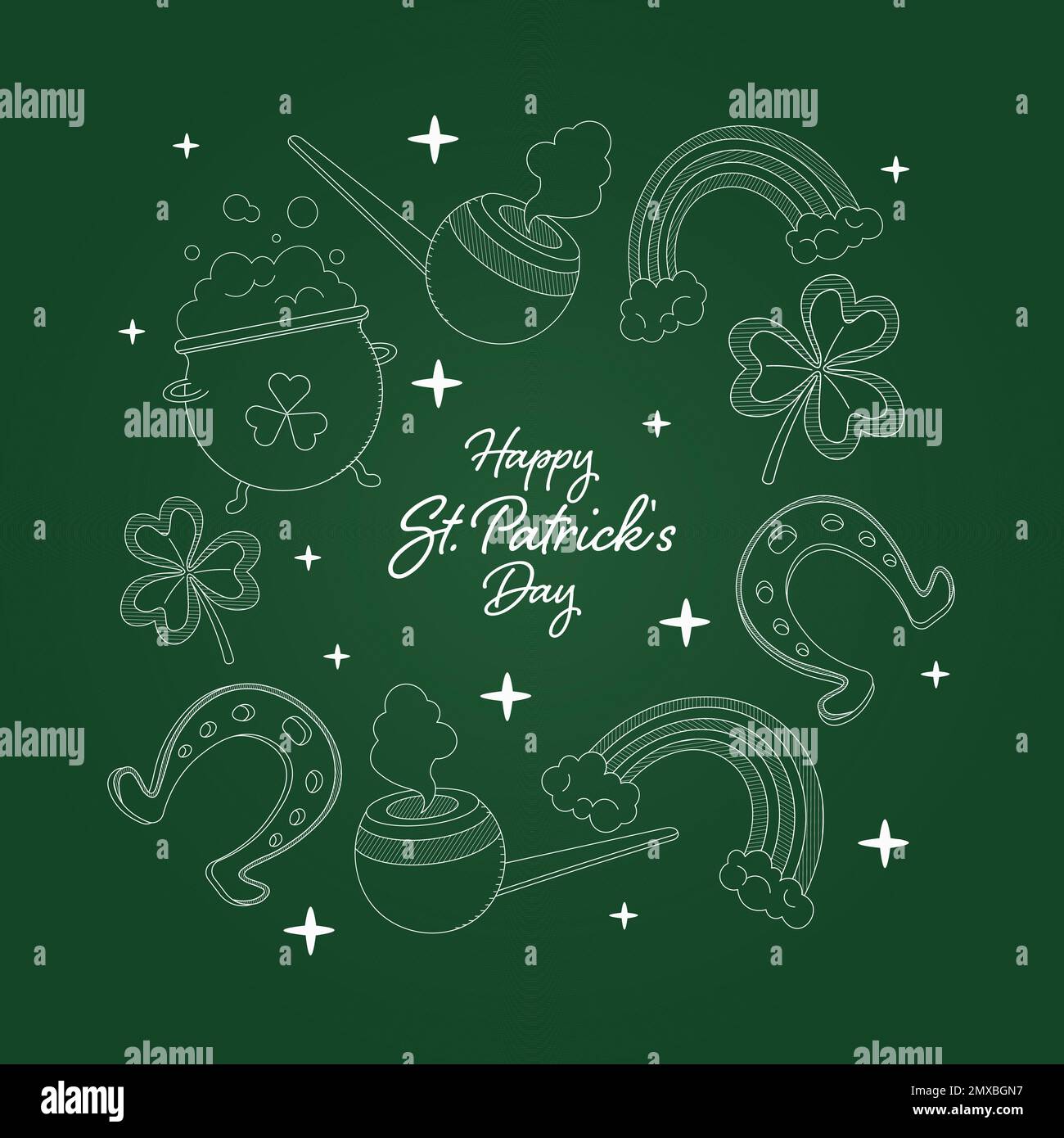 saint patricks day background with elements of pot with drink, rainbow, shamrock, smoke pipe and horseshoe Stock Vector