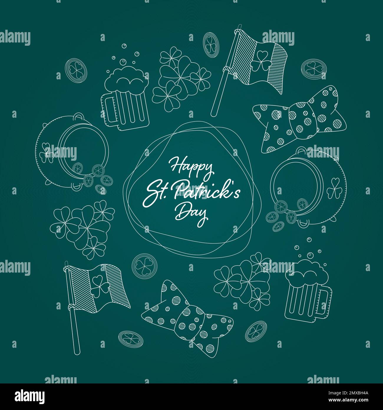 saint patricks day background with elements of pot with coins, beer, gold coins, flag, butterfly and shamrock Stock Vector