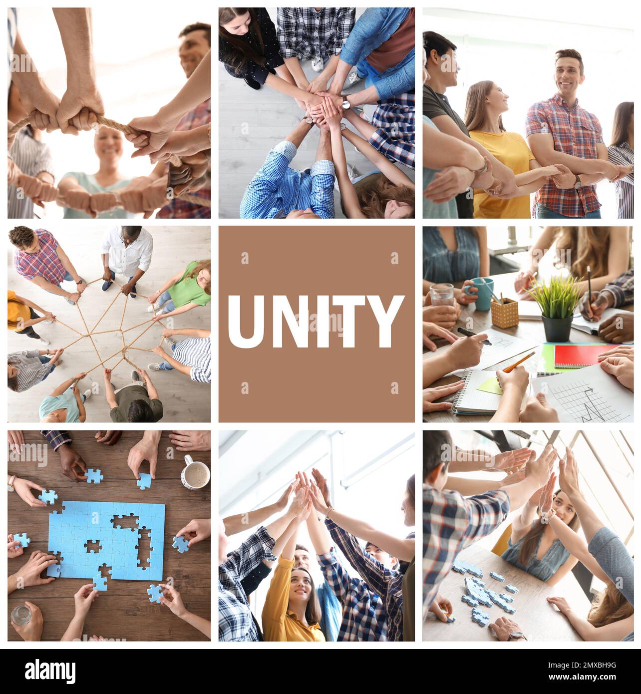 Collage with different photos. Concept of unity and support Stock Photo ...