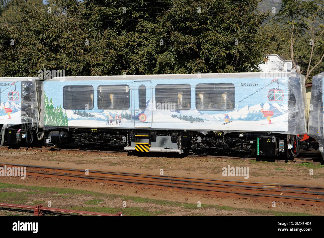 (Latest - News) New DHMU train Kalka to Shimla, offloaded on track at Kalka Station (Haryana), India. Stock Photo