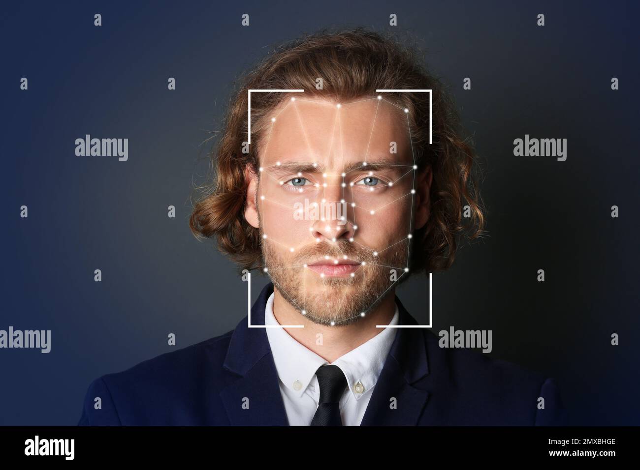 Facial recognition system. Businessman with scanner frame and digital ...