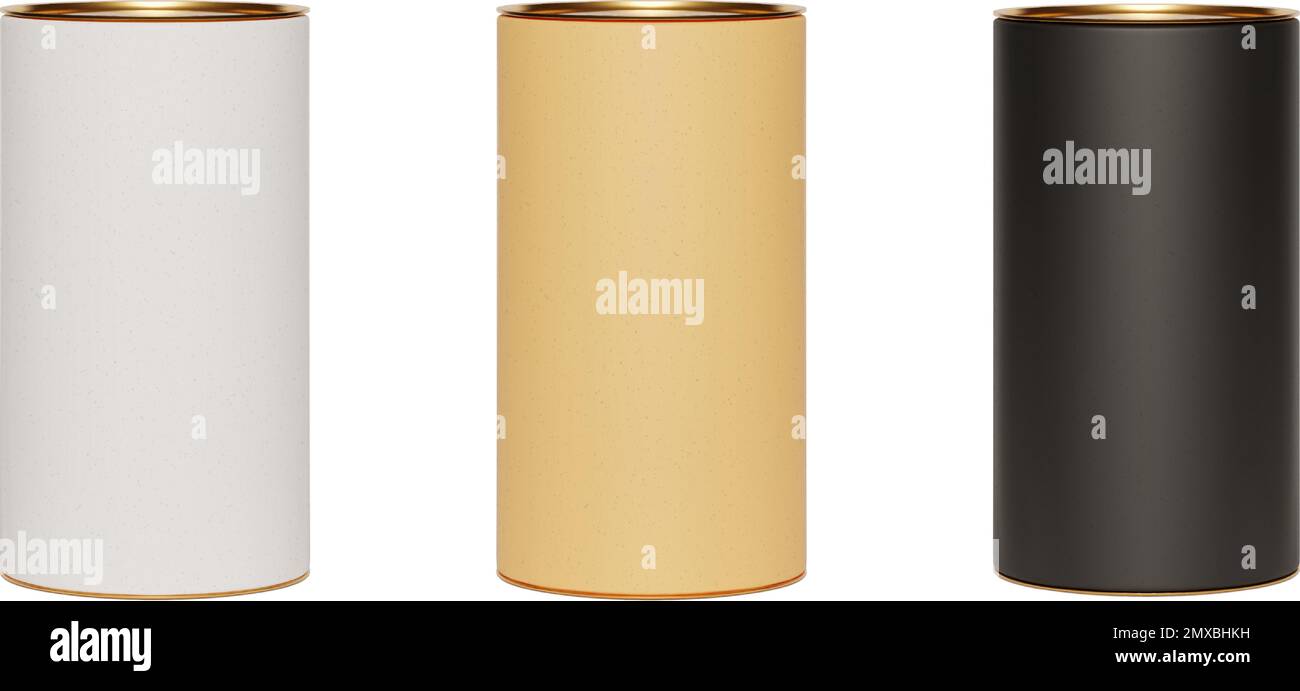 Set of kraft paper tube packages with golden lid mockup on white