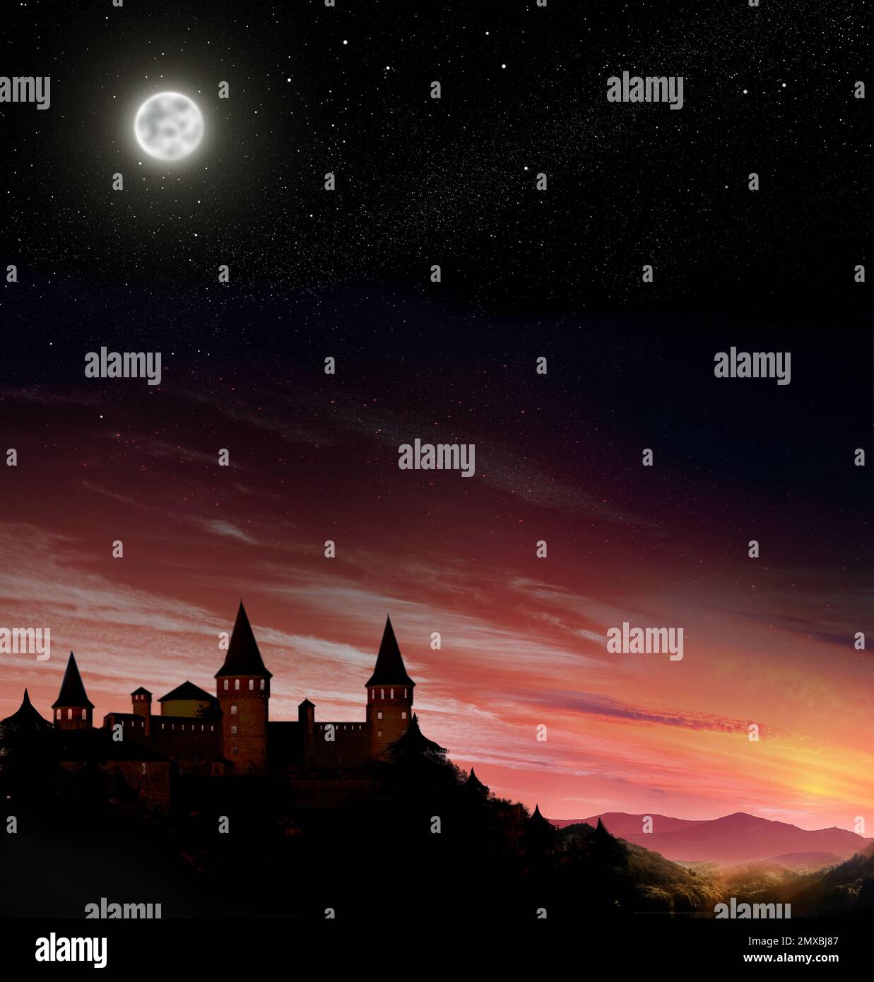 Fairy tale world. Magnificent castle under starry sky with full moon ...